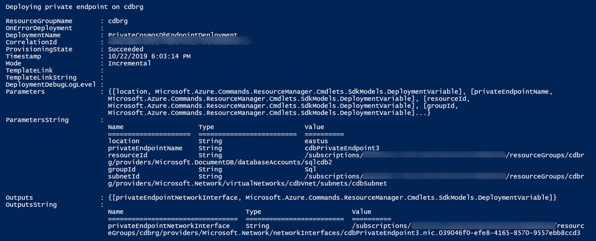 Screenshot dell'output della distribuzione per il modello di Resource Manager.