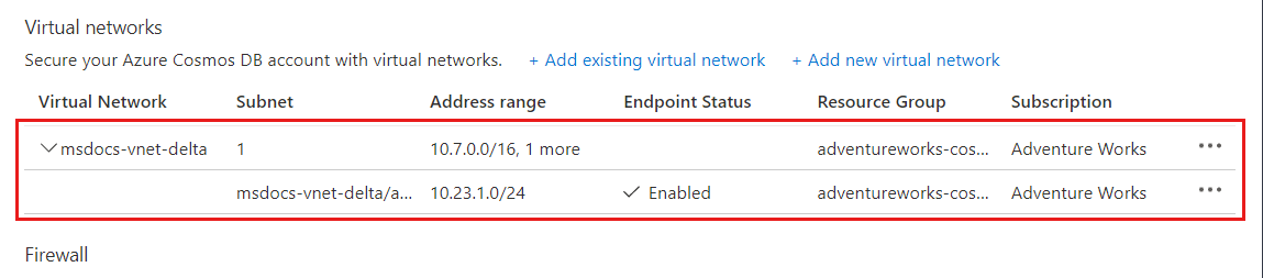 Screenshot di una Rete virtuale di Azure e di una subnet configurata correttamente nell'elenco.