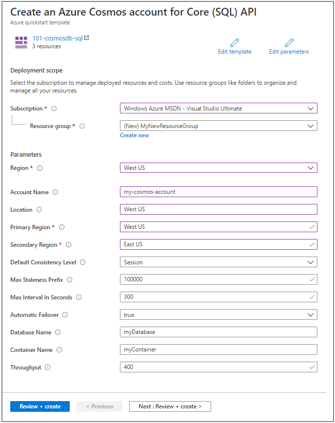 Modello di Resource Manager: integrazione di Azure Cosmos DB, portale per la distribuzione