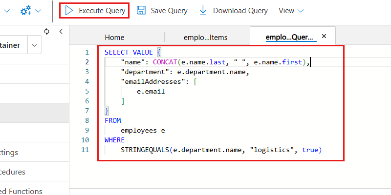 Screenshot del testo della query NoSQL all'interno di Esplora dati.