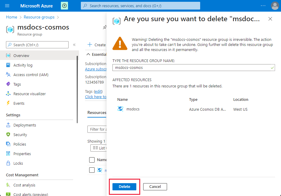 Screenshot della pagina di conferma dell'eliminazione per un gruppo di risorse.