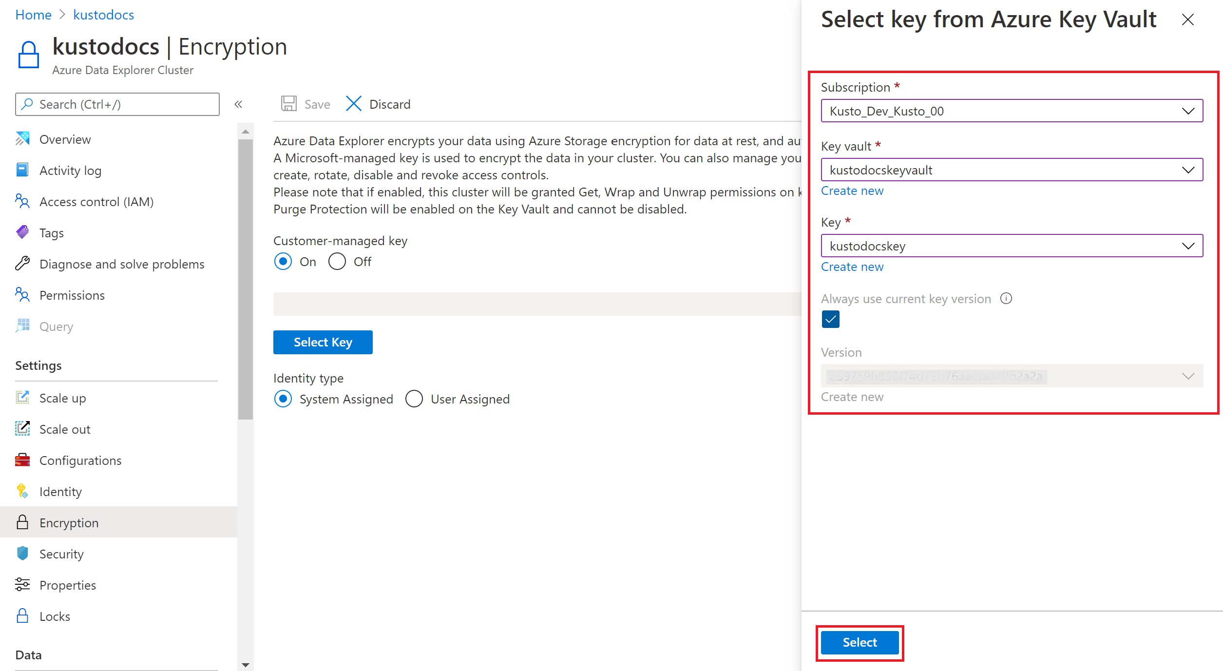 Screenshot che mostra la chiave Seleziona da Azure Key Vault.