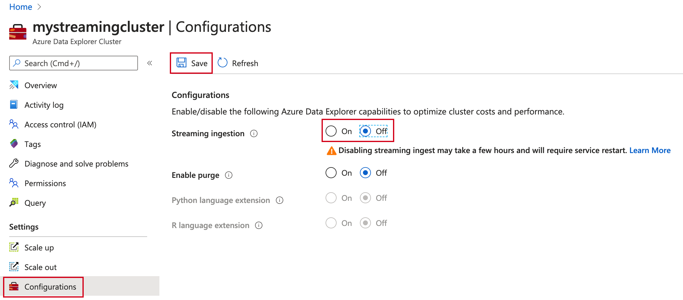 Disattivare l'inserimento in streaming in Azure Esplora dati.