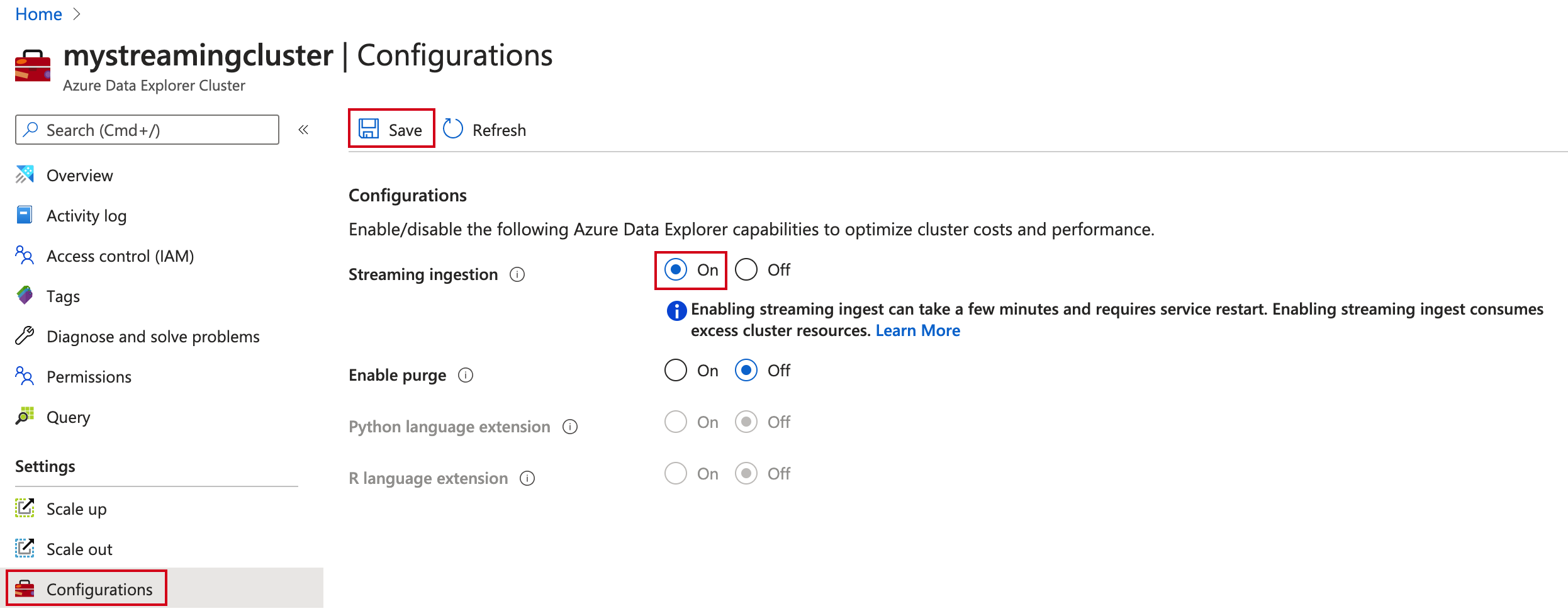 Attivare l'inserimento in streaming in Azure Esplora dati.