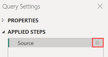 Screenshot della finestra Impostazioni query, che mostra i passaggi applicati con l'icona delle impostazioni evidenziata.