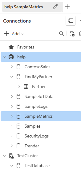 Screenshot di Azure Esplora dati riquadro di connessione del cluster U I che mostra i database e le tabelle di esempio in un diagramma ad albero.