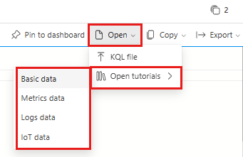 Screenshot che mostra il menu a discesa Azure Esplora dati U Web per scegliere le esercitazioni di esempio nella finestra di query.