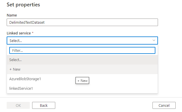 Shows the set properties window where you can choose an existing dataset of the type selected previously, or create a new one.