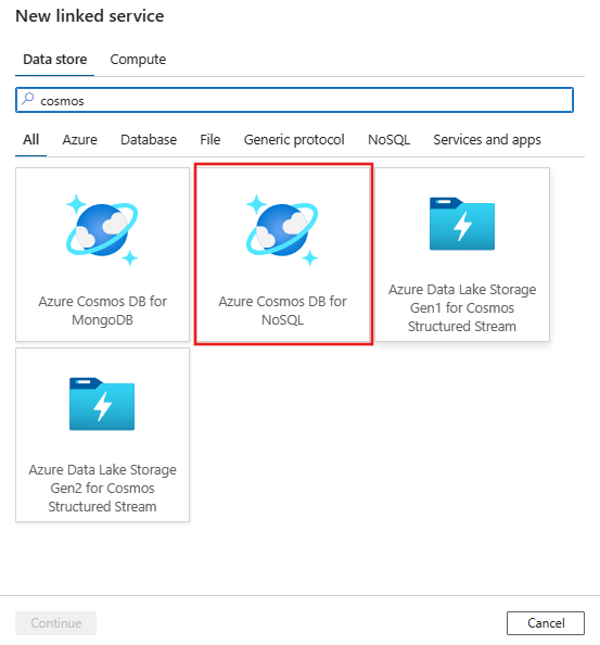 Selezionare il connettore Azure Cosmos DB for NoSQL.