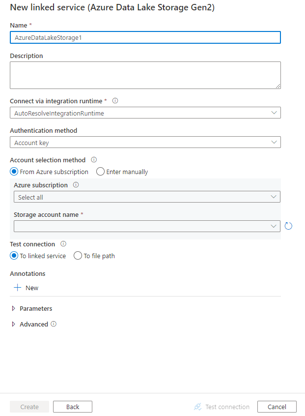 Screenshot della configurazione del servizio collegato Azure Data Lake Storage Gen2.