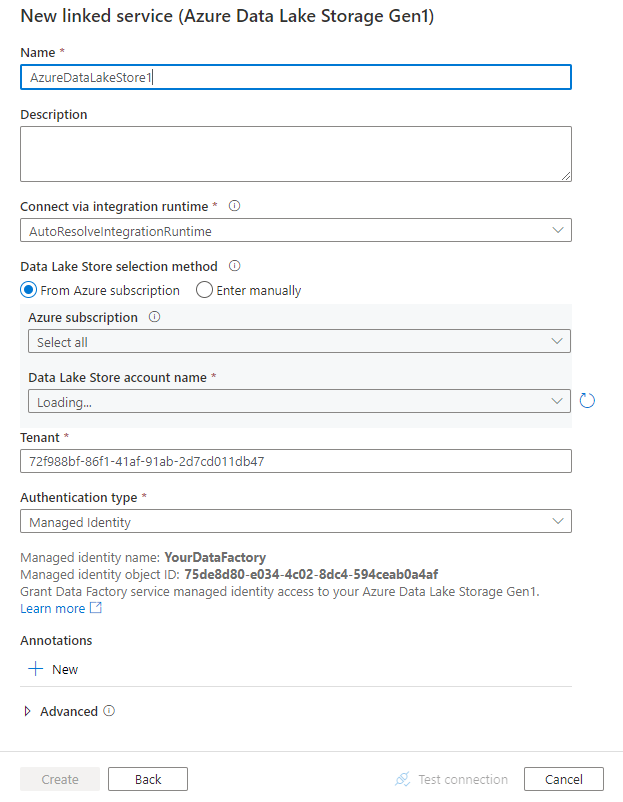 Screenshot della configurazione del servizio collegato per Azure Data Lake Storage Gen1.