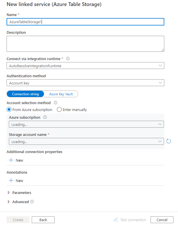 Screenshot della configurazione per un servizio collegato archiviazione tabelle di Azure.