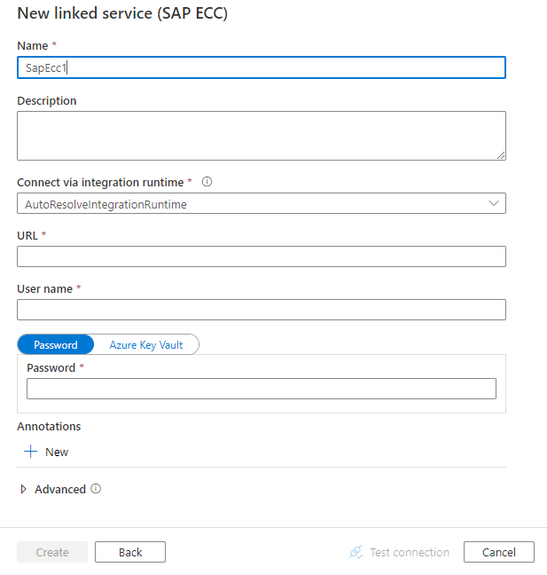 Screenshot della configurazione del servizio collegato di SAP ECC.