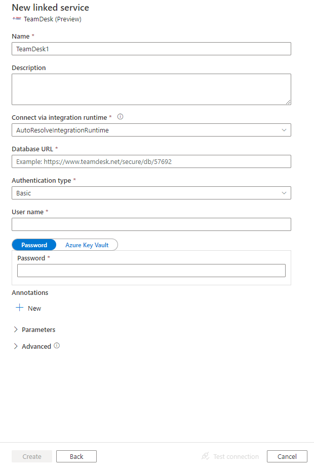 Screenshot of configuration for TeamDesk linked service.