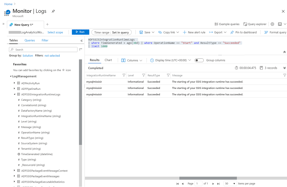 Esecuzione di query sui log delle operazioni del runtime di integrazione SSIS in Log Analytics