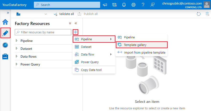 Shows how to open the template gallery in Data Factory.