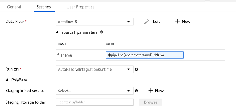 Eseguire parametri Flusso di dati