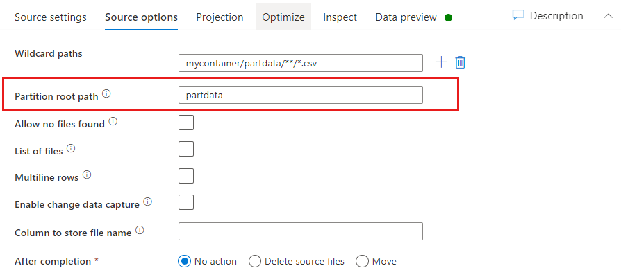 Screenshot delle impostazioni del file di origine della partizione nella trasformazione origine del flusso di dati per mapping.