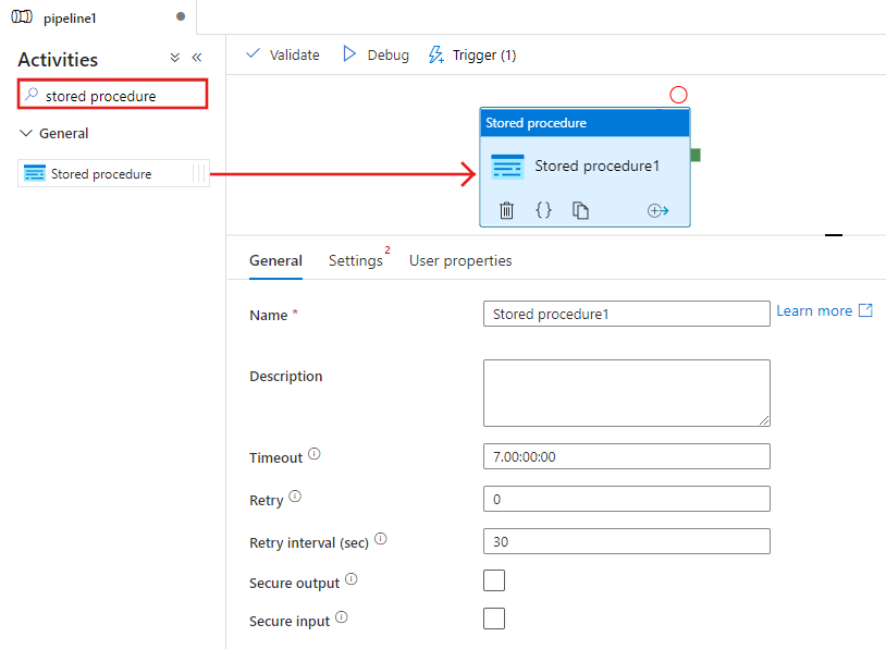 Trascinamento dell'attività stored procedure