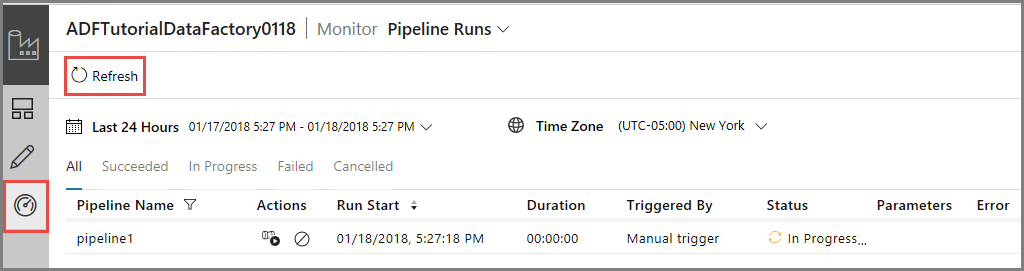 Screenshot che mostra le esecuzioni della pipeline