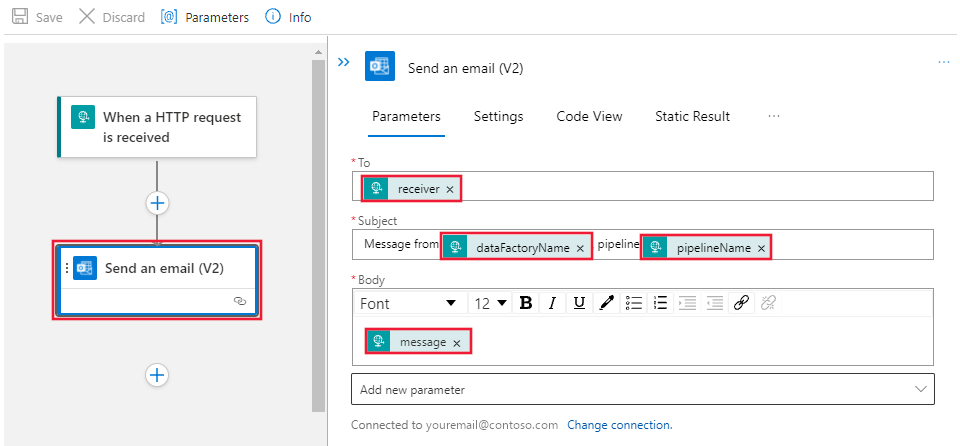 Shows the workflow designer for the Send an email (V2) action.