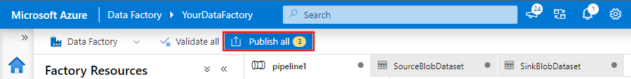 Shows a screenshot of the Publish button in the data factory portal.