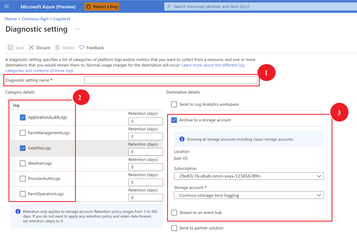 Screenshot che mostra i passaggi per creare l'impostazione di diagnostica nel portale di Azure.