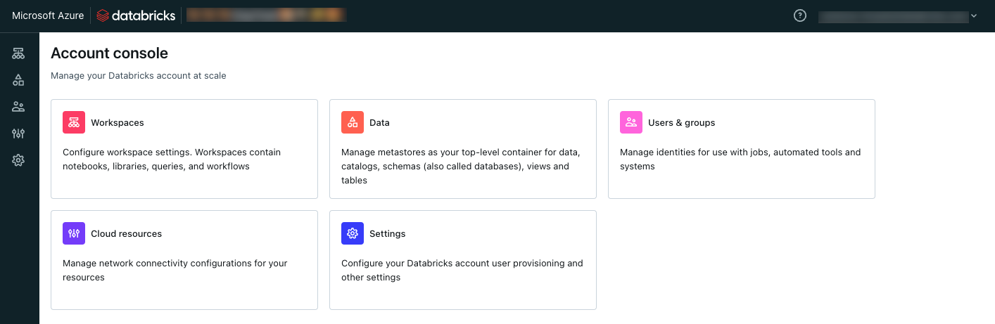 Visualizzazione della console dell'account predefinita