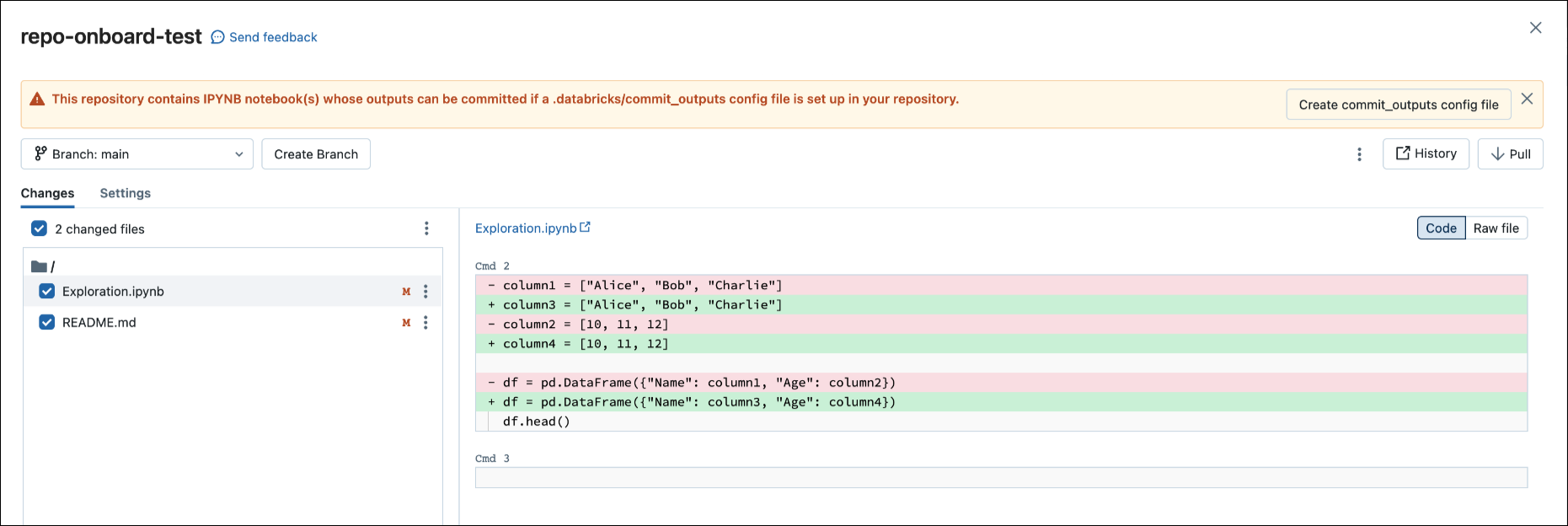 Interfaccia utente del commit del notebook: pulsante Crea commit_outputs file.