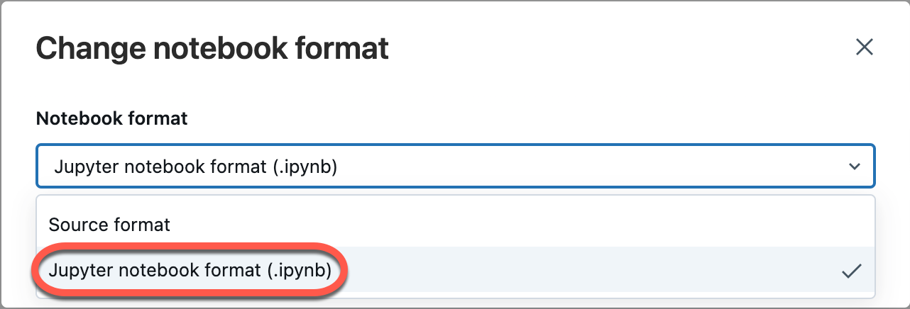 Finestra di dialogo modale in cui è possibile selezionare il formato del notebook IPYNB.