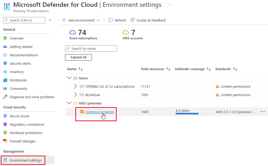 Screenshot della pagina delle impostazioni dell'ambiente di Defender per il cloud che mostra un connettore AWS.