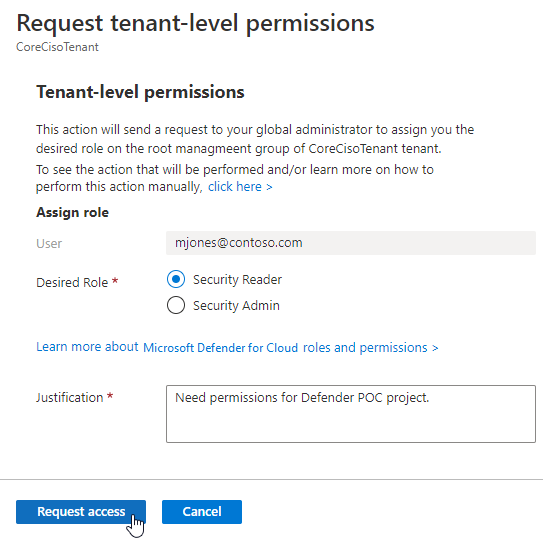 Pagina dei dettagli per richiedere autorizzazioni a livello di tenant all’amministratore globale di Azure.