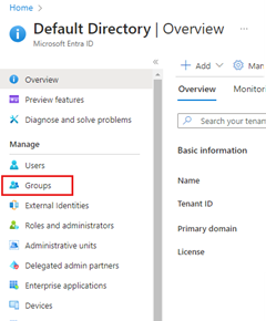 Screenshot che mostra la posizione della voce di menu Gruppi nel menu a sinistra della pagina Directory predefinita di Microsoft Entra ID.