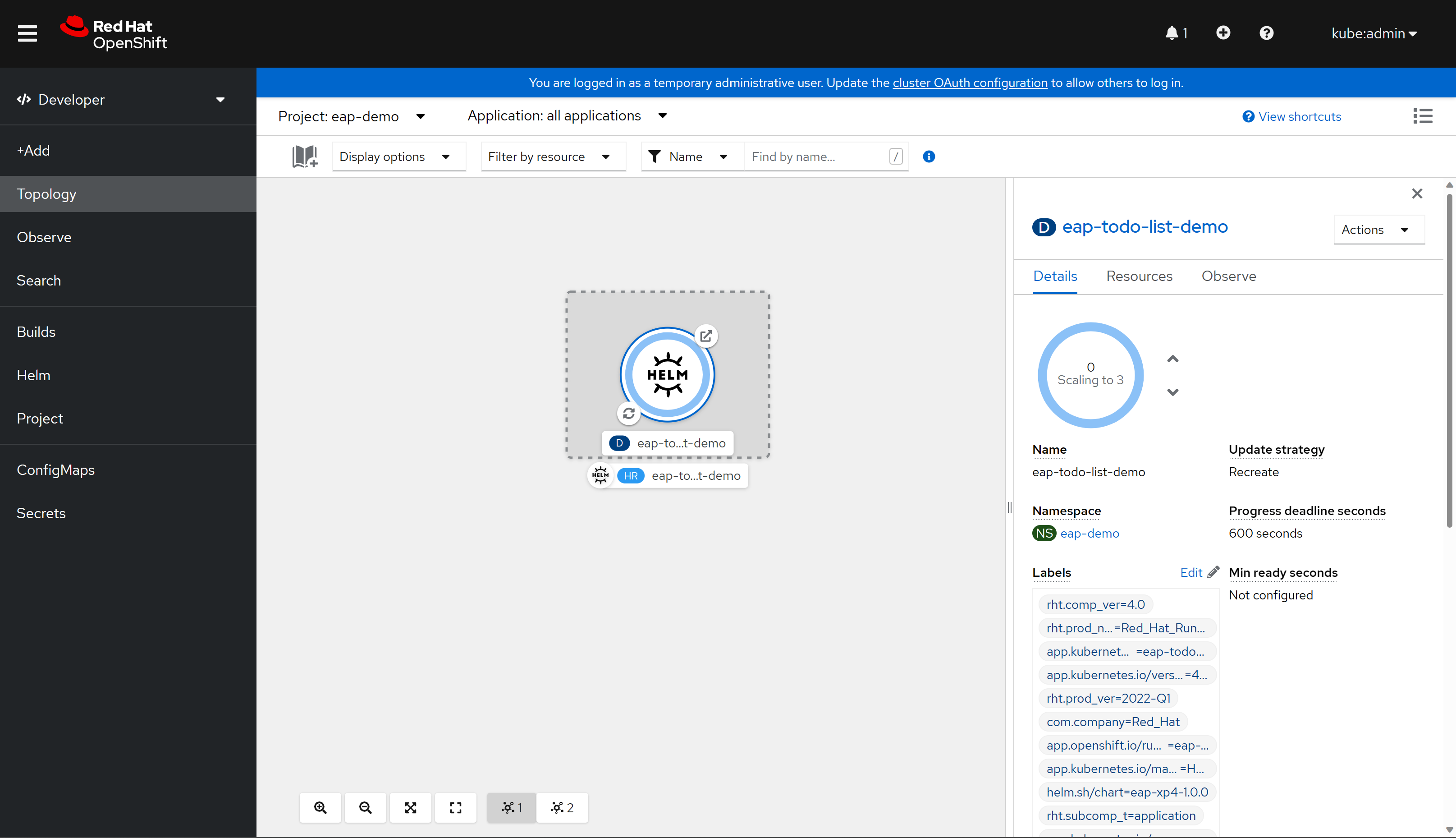 Screenshot della topologia della console OpenShift.