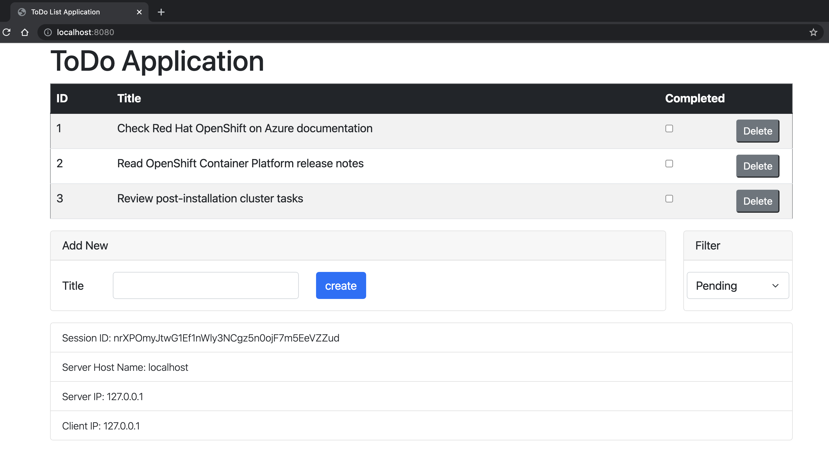 Screenshot dell'applicazione demo ToDo EAP.