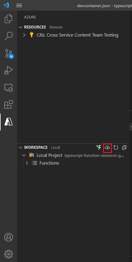 Screenshot dell'area di lavoro locale di Visual Studio Code con l'icona di distribuzione cloud evidenziata.