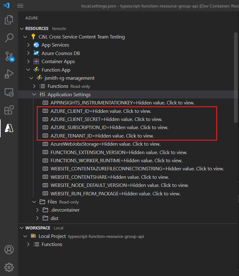 Screenshot parziale di Esplora risorse di Visual Studio Code che mostra le impostazioni dell'app delle funzioni remote/cloud.