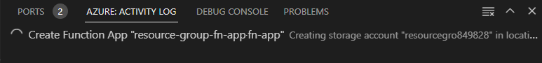 Screenshot del log attività di Azure di Visual Studio Code che mostra lo stato di creazione della risorsa.