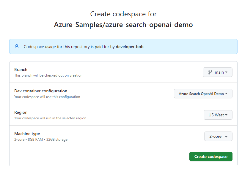 Screenshot della schermata di conferma prima di creare un nuovo codespace.