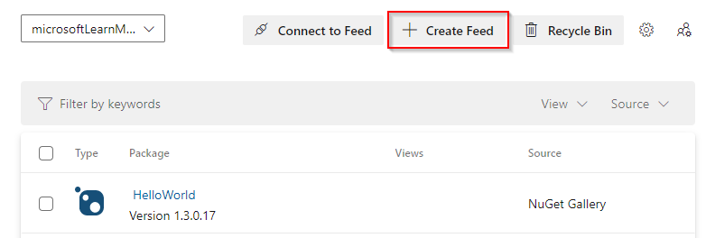 Screenshot che mostra il pulsante Crea feed in Azure Artifacts.