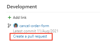 Screenshot del controllo Sviluppo, collegamento Crea richiesta pull.