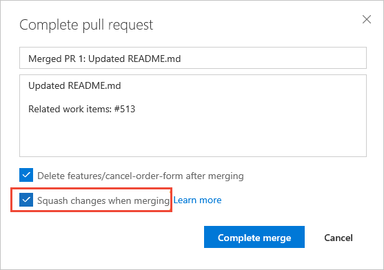 Finestra di dialogo Completa richiesta pull, selezionare squash-merge