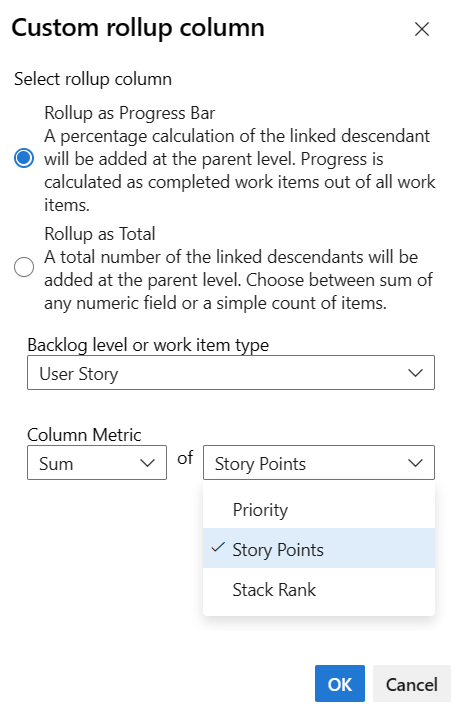 Screenshot della finestra di dialogo Colonna rollup personalizzata.