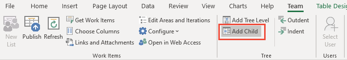 Screenshot della barra multifunzione Team, Gruppo albero, Aggiungi collegamento figlio.
