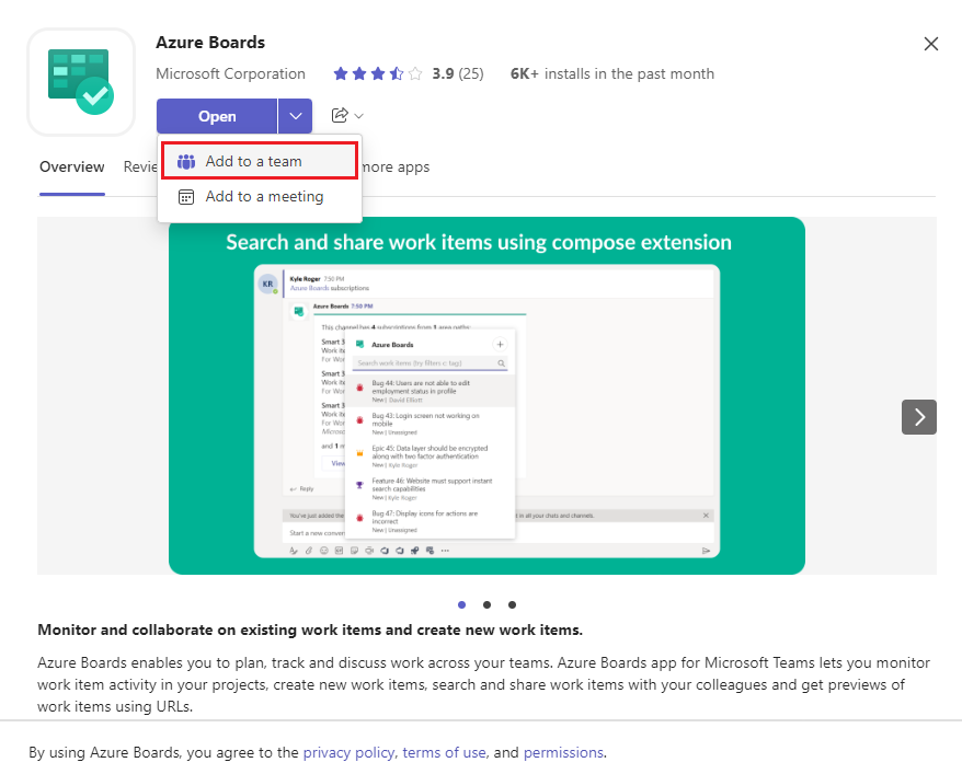 Screenshot della selezione di Apri e quindi aggiungi a un team.