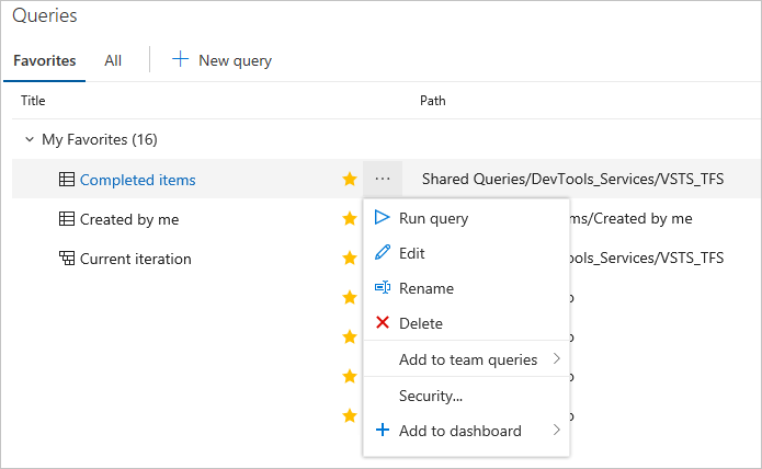 Nuova esperienza di query, pagina Preferiti, menu di scelta rapida query