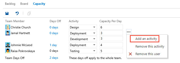 Screenshot dell'opzione Aggiungi attività al rilevamento della capacità per un singolo utente.