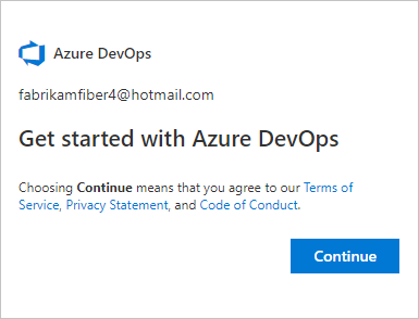 Scegliere Continua per iscriversi ad Azure DevOps.