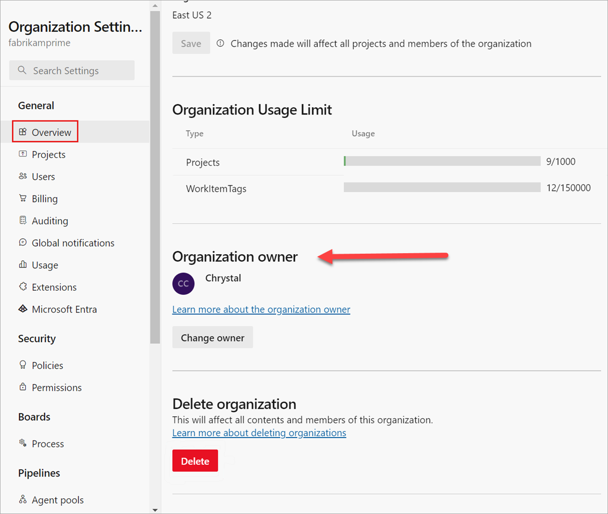 Screenshot delle impostazioni dell'organizzazione, con Panoramica ed Elimina evidenziata