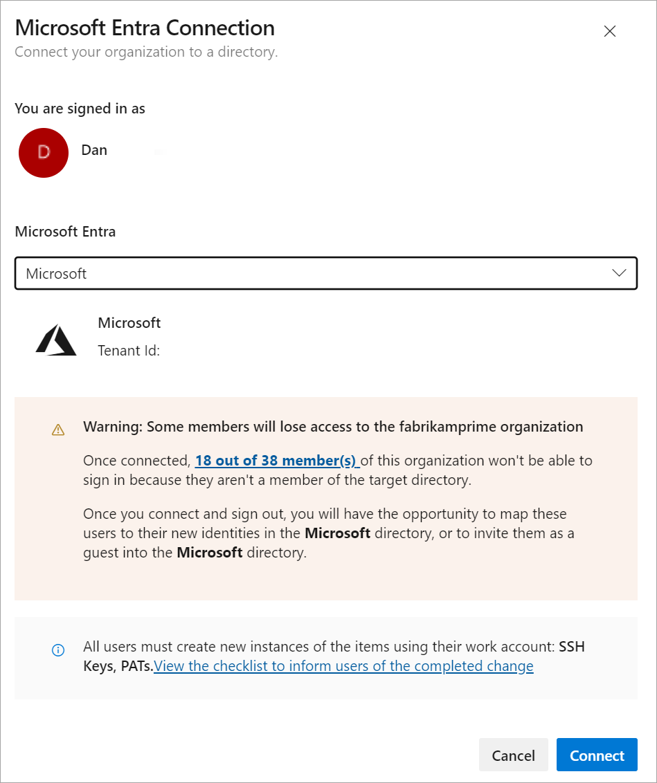 Screenshot che mostra l'avviso di connessione a Microsoft Entra.